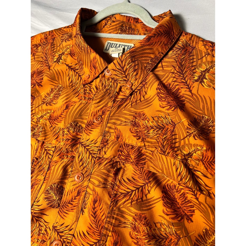Duluth Trading Co Mens 3XL Orange Tropical Leaf Performance Fishing Shirt